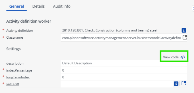 Screen capture of the Activity definition worker where you can click View code to see the JSON-format of the selected worker