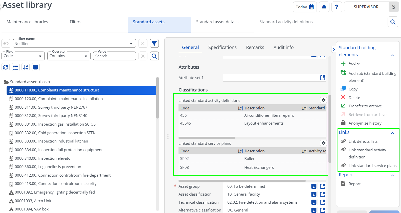 Screen capture of the Asset library screen showing the linked standard activity definitions and standard service plans