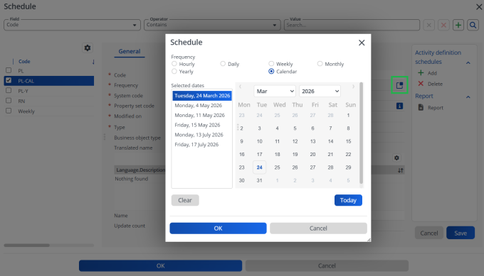 Example screen of a frequency schedule pop-up