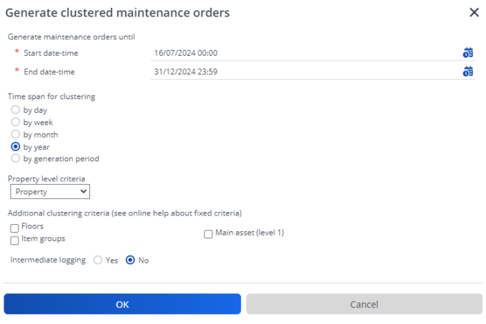 Screen capture of the generate clustered maintenance orders