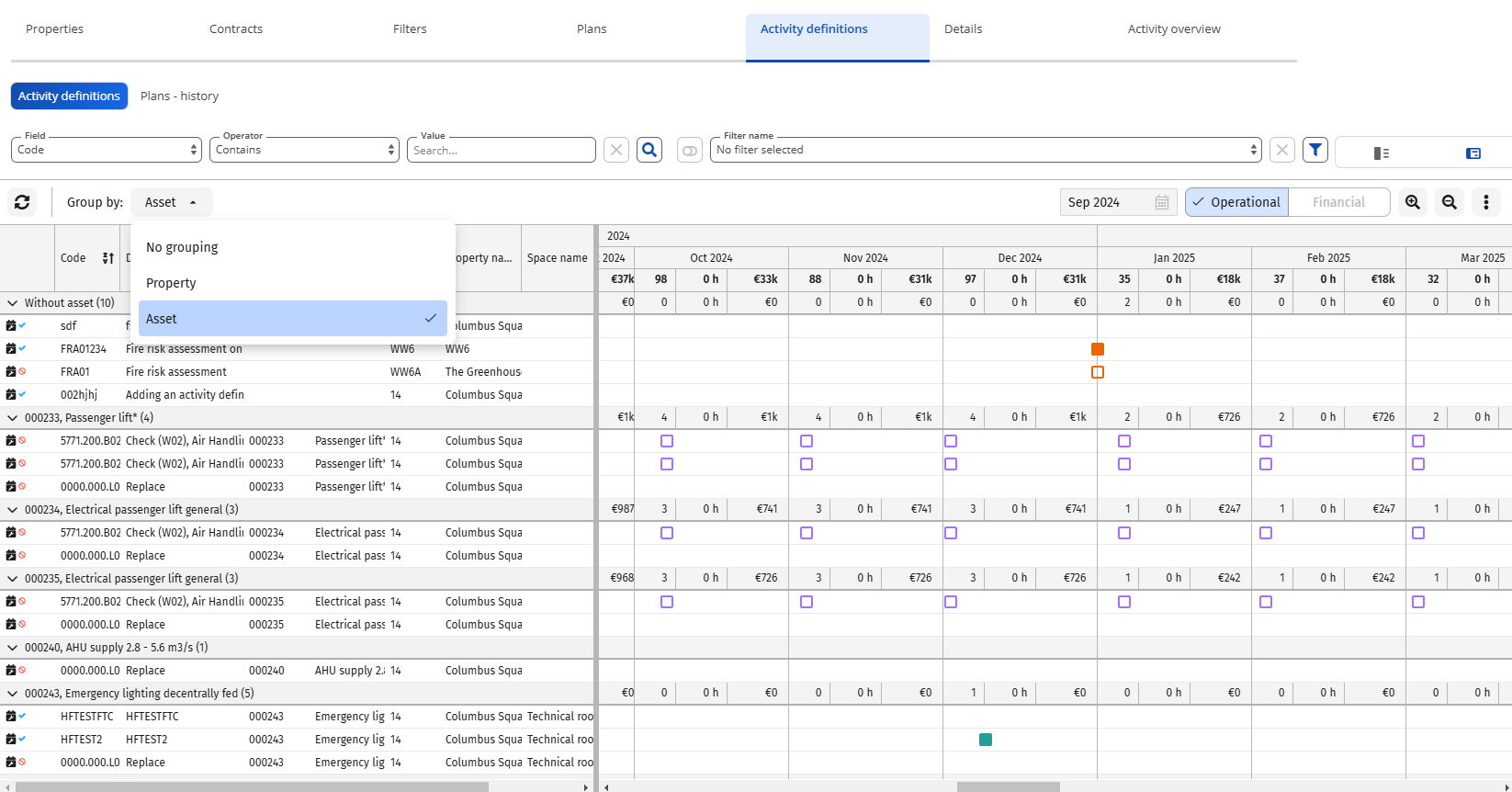 Screen capture of activity definitions in graphical planboard with grouping setting enabled