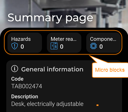 Screen capture of Assets app with micro blocks that give access to information on hazards, meter readings and components