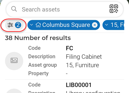 Screen capture of search bar with quick filters in the Assets app