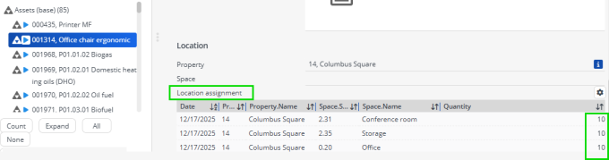 Screen capture of a multiple asset record, with various asset location assignments