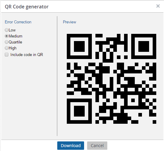 Screen capture of the QR code generator pop-up
