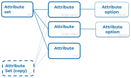 Diagram showing how a copy of an attribute set is linked to the original attributes and attribute options.