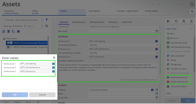 Screen capture of the Assets layout with Attach and Detach options for attribute sets on the action panel