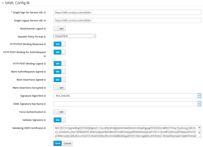 SAML configuration screen