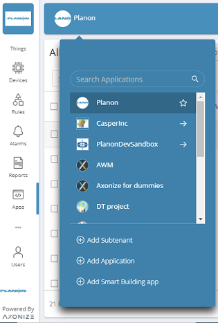 Screen displaying the list of tenants and applications