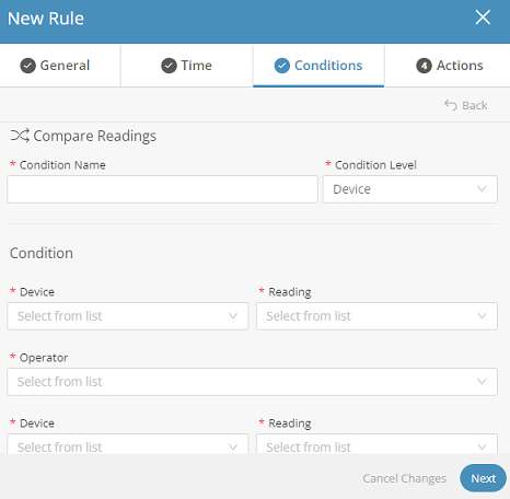 Screen capture displaying Compare Readings condition window