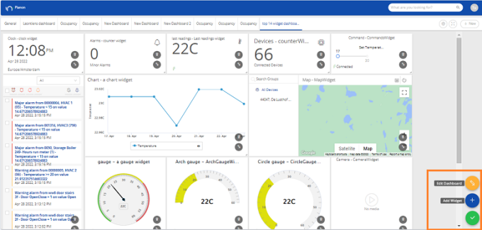 Dashboard view in the portal with highlighted edit dashboard, Add widget and Approve buttons location