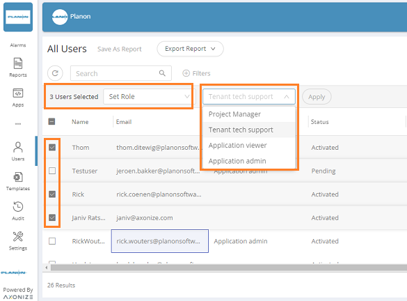 Screen capture displaying setting role for multiple users