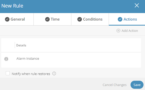 Screen capture displaying the Actions tab in New Rule window