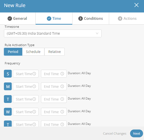 Screen capture displaying Time tab along with Period option selected in Rule Activation Type