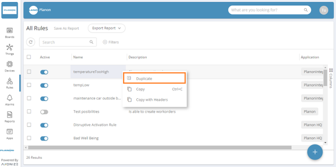 Screen capture displaying the overview of Rules window along with duplicate option highlighted