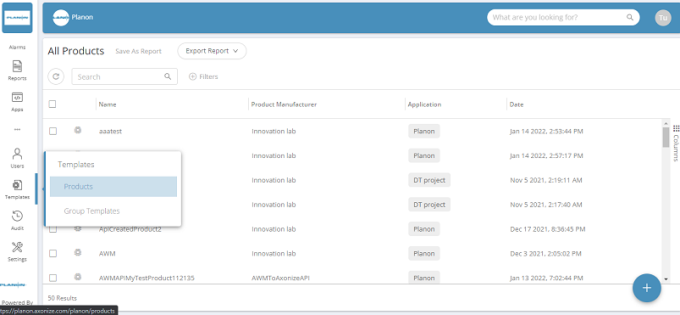 Screen capture displaying templates window along with both products and group templates options