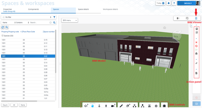 BIM viewer in Spaces & Workspaces and its action panel