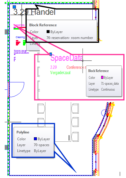 Meeting room displaying meeting room name, space data and polyline by separate layers