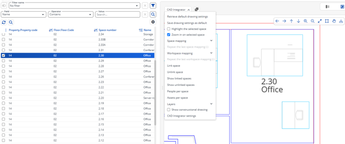 screen capture of the floor drawing with a space selected in the elements panel and the drawing automatically zoomed to the selected space