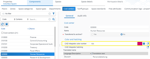 screen capture of cost center general settings with highlighted CAD Integrator color number field