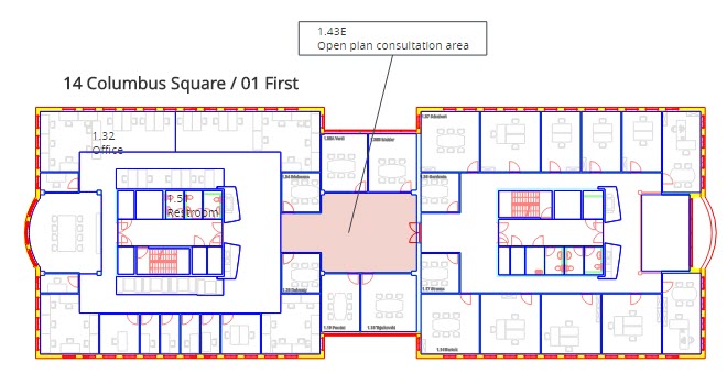 screen capture of CAD drawing of floor with highlighted constructional elements in the drawing