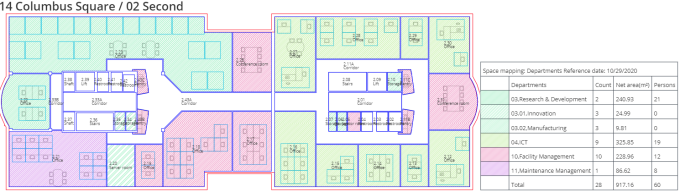 screen capture of the floor drawing displaying the spaces of all departments at various levels in different colors