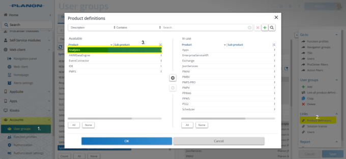 Product definitions dialog box with Analytics hightlighted, ready to be moved to 'In Use'