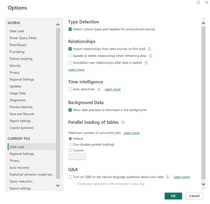 Power BI settings.