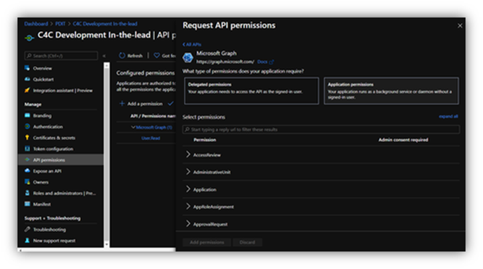 The API permissions window