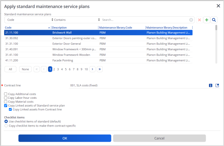 Screen capture of the 'Apply standard maintenance service plans' dialog showing various copying options from standard service plan to contract service plan