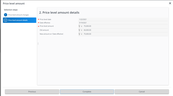 Screen capture of step in Price level amount wizard
