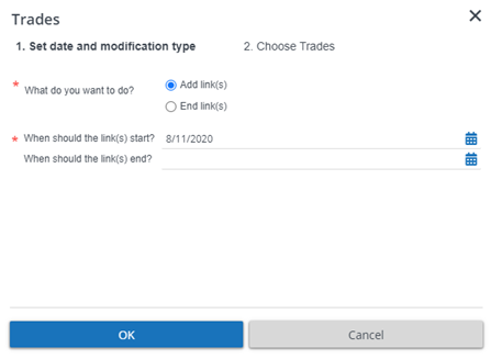 Screen capture of Trades dialog with time aware settings for linking trades to contracts