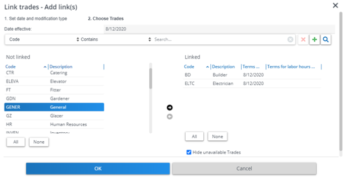 Screen capture of Link trades dialog showing how to select unlinked trades
