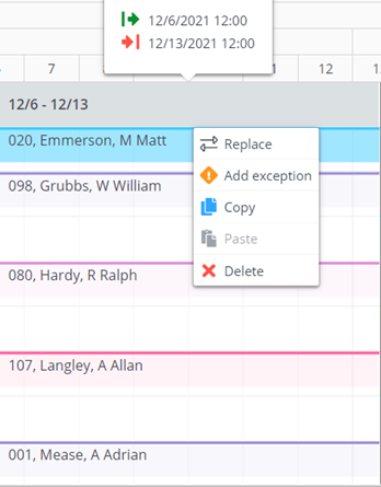 Team allocation planboard with copy / paste context menu for scheduled periods