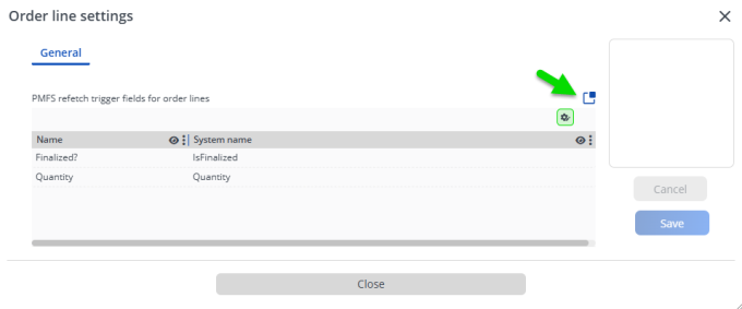 Screen capture of the pop-up PMFS refetch trigger fields for order lines