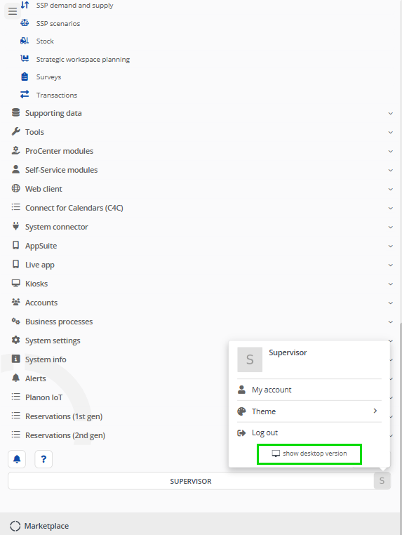 Screenshot of the web client showing the show desktop option