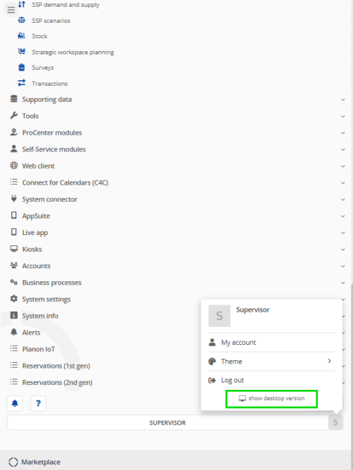 Screenshot of the web client showing the show desktop option