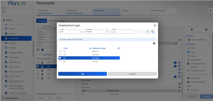 Screen capture displaying changing the employment type