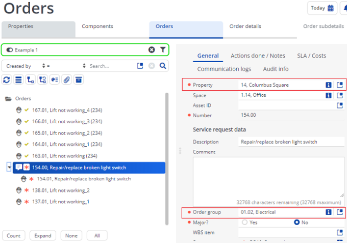Screen capture displaying orders with applied filter-example 1
