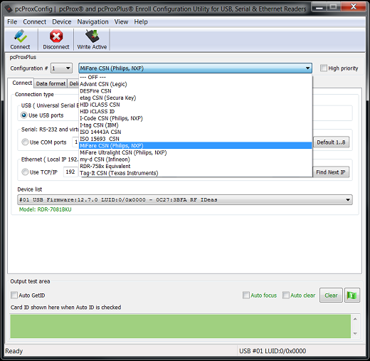 Screen capture of the configuration tool for the RF IDeas pcProx card reader, showing the card type selection