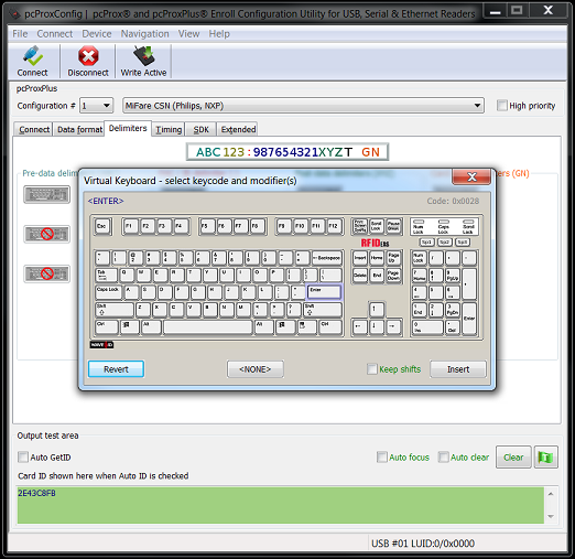 Screen capture of the configuration tool for the RF IDeas pcProx card reader, showing the termination keystroke selection