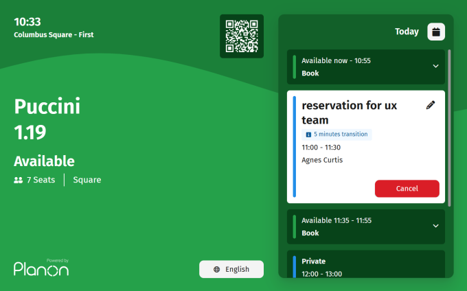 Screen capture of the Green Room booking panel displaying a future reservation with Cancel button