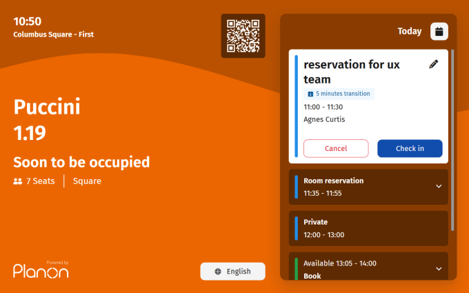 Screen capture of the orange Room booking panel displaying Check in button for upcoming reservation Screen capture of the orange Room booking panel displaying Check in button for upcoming reservation