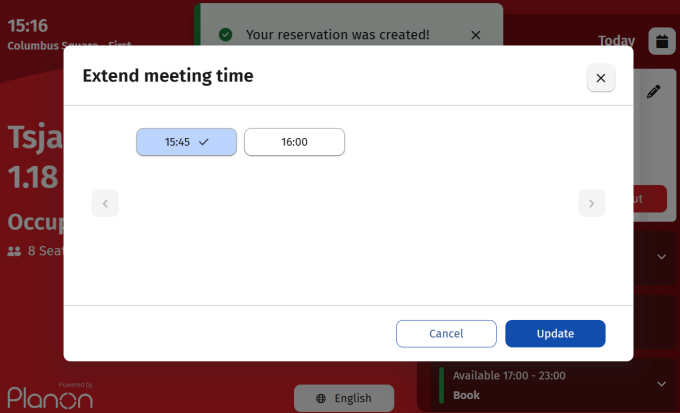 Screen capture of the Red Room booking panel displaying Extend meeting time pop-up
