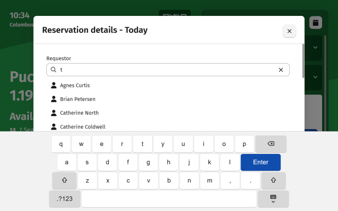 Screen capture of the Green Room booking panel displaying an on-screen keyboard to enter data