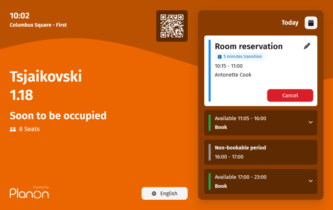Screen capture of the Room booking panel shown in orange, meaning the room is reserved and is ready to be occupied in few minutes