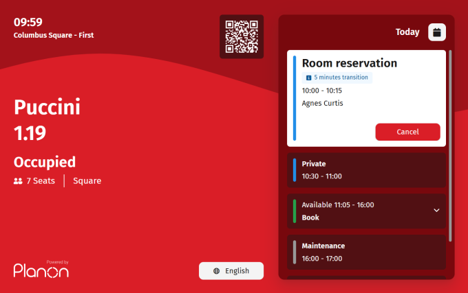 Screen capture of the Room booking panel shown in red, indicating that either the transition period of the reservation or the actual reservation is in progress