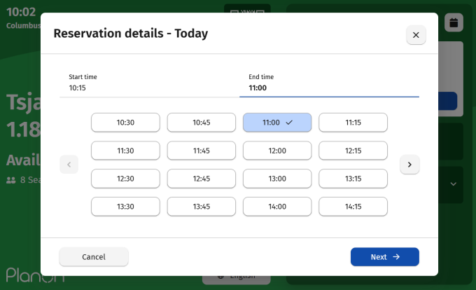 Screen capture of the Green Room booking panel displaying Reservation details - Today