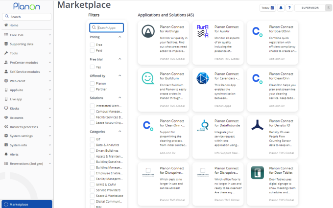 Screen capture of the Marketplace TSI inside the Planon application showing tiles with app names.