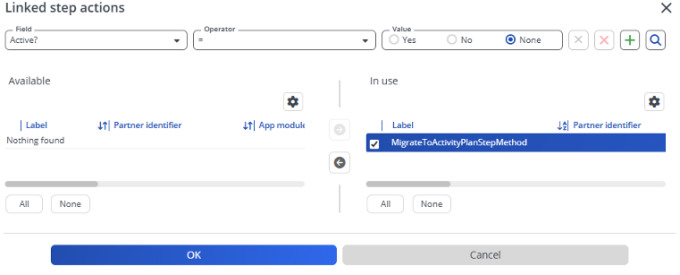 Screen capture of the link step action